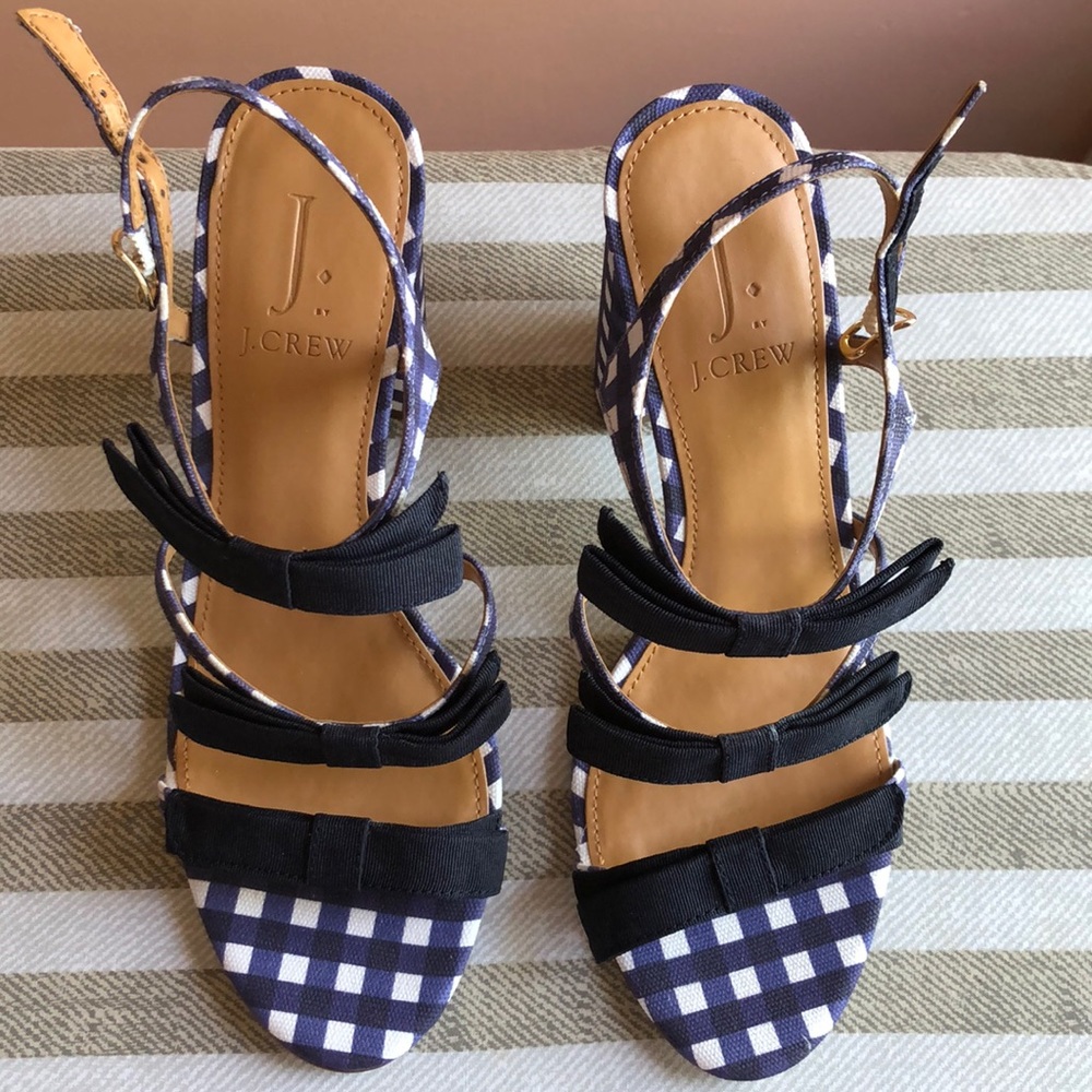 jcrew gingham strappy sandals with black bows